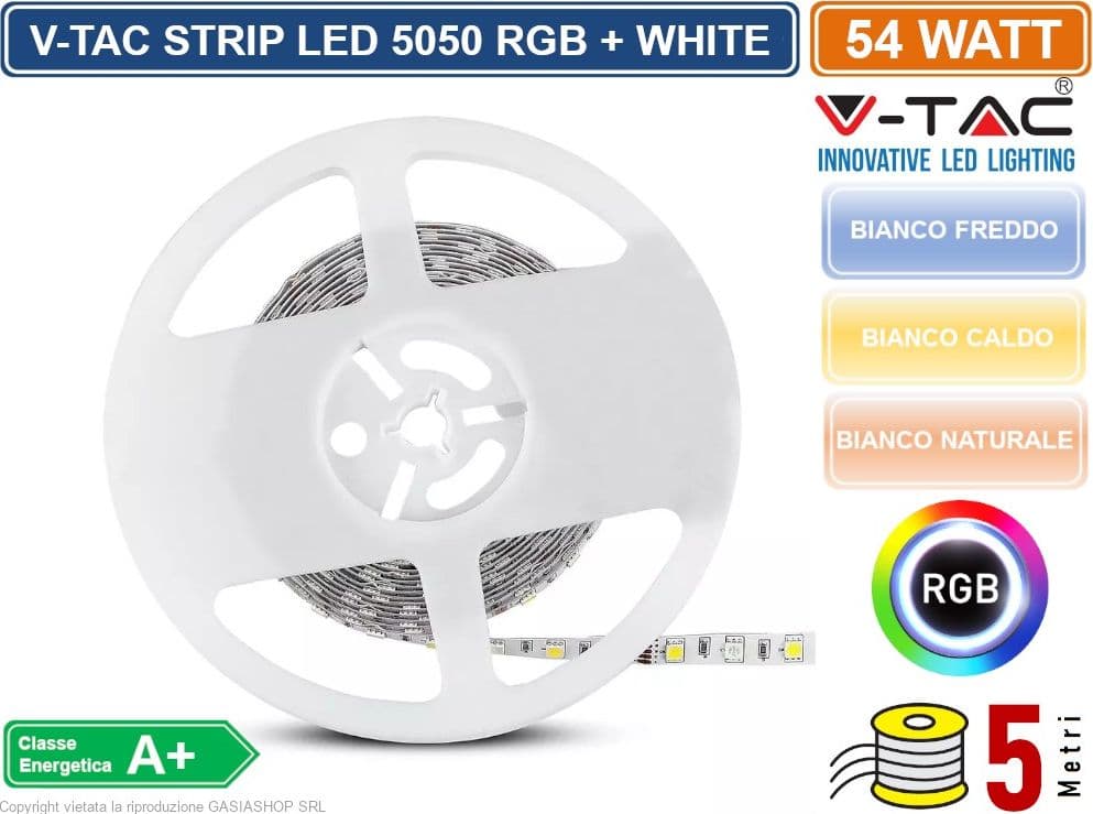 V-TAC STRISCIA LED 5050 MULTICOLORE RGB+W 60 LED/METRO - BOBINA DA 5 METRI - SKU 2553 / 2552 / 2159 - 2