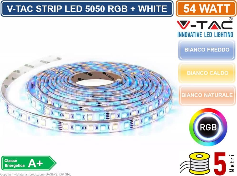 V-TAC STRISCIA LED 5050 MULTICOLORE RGB+W 60 LED/METRO - BOBINA DA 5 METRI - SKU 2553 / 2552 / 2159 - 3