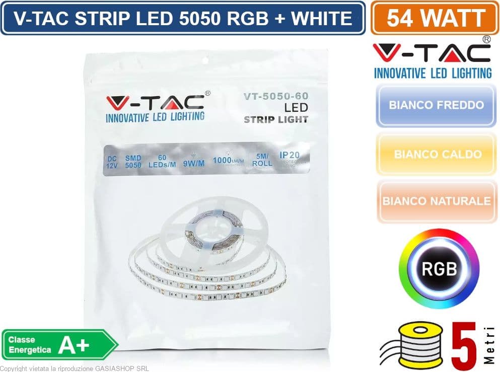 V-TAC STRISCIA LED 5050 MULTICOLORE RGB+W 60 LED/METRO - BOBINA DA 5 METRI - SKU 2553 / 2552 / 2159 - 4
