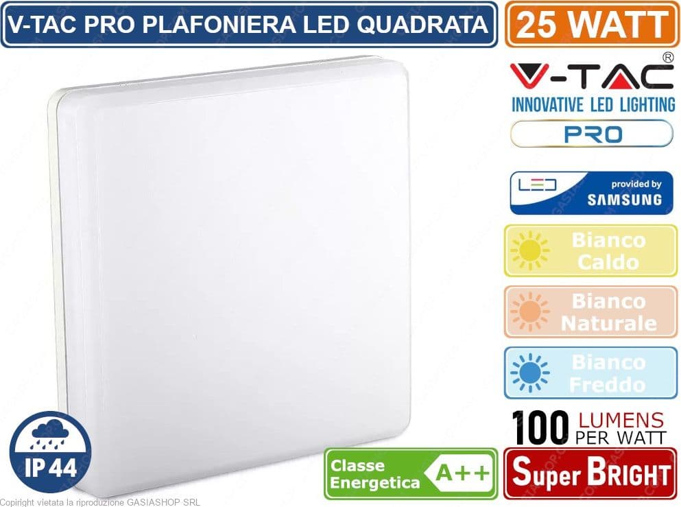 V-TAC VT-8066SQ PLAFONIERA LED 25W FORMA QUADRATA CHIP SAMSUNG IP44 - SKU 13959 / 13969 / 13979 - 2