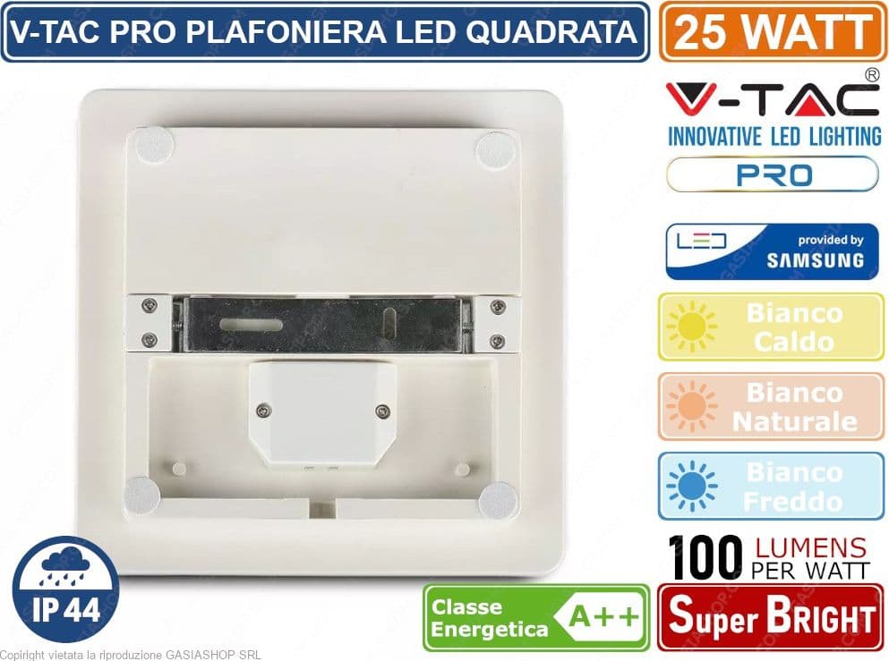 V-TAC VT-8066SQ PLAFONIERA LED 25W FORMA QUADRATA CHIP SAMSUNG IP44 - SKU 13959 / 13969 / 13979 - 5
