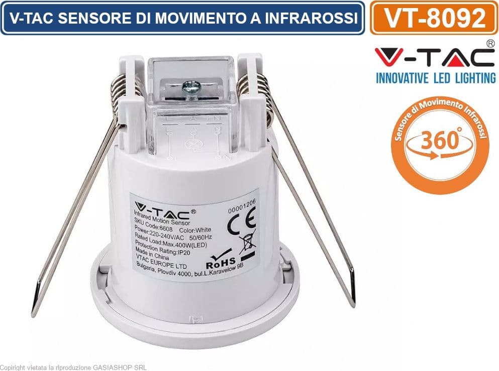 V-TAC VT-8092 SENSORE DI MOVIMENTO A INFRAROSSI PIR PER LAMPADINE LED DA INCASSO COLORE BIANCO - SKU 6608 - 3