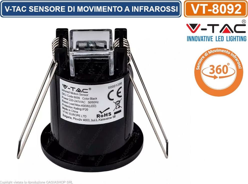 V-TAC VT-8092 SENSORE DI MOVIMENTO A INFRAROSSI PIR PER LAMPADINE LED DA INCASSO COLORE NERO - SKU 6609 - 2