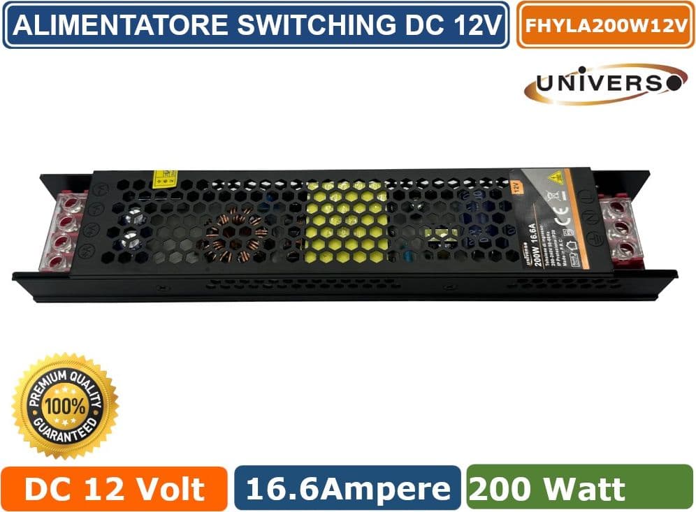 ALIMENTATORE SLIM METALLICO STABILIZZATO 200W PER USO INTERNO DC12V 16.6A 2 USCITE CON MORSETTI A VITE - 2