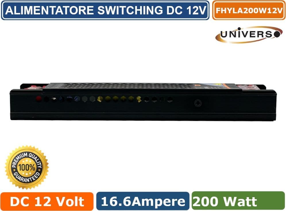 ALIMENTATORE SLIM METALLICO STABILIZZATO 200W PER USO INTERNO DC12V 16.6A 2 USCITE CON MORSETTI A VITE - 3