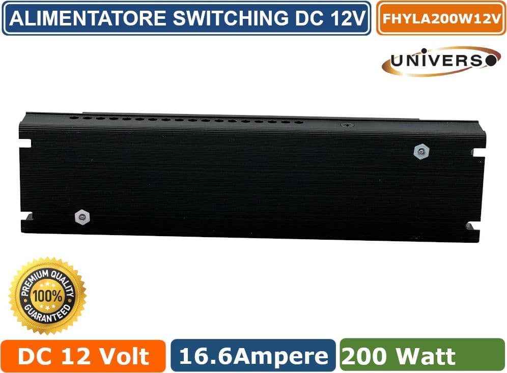 ALIMENTATORE SLIM METALLICO STABILIZZATO 200W PER USO INTERNO DC12V 16.6A 2 USCITE CON MORSETTI A VITE - 4