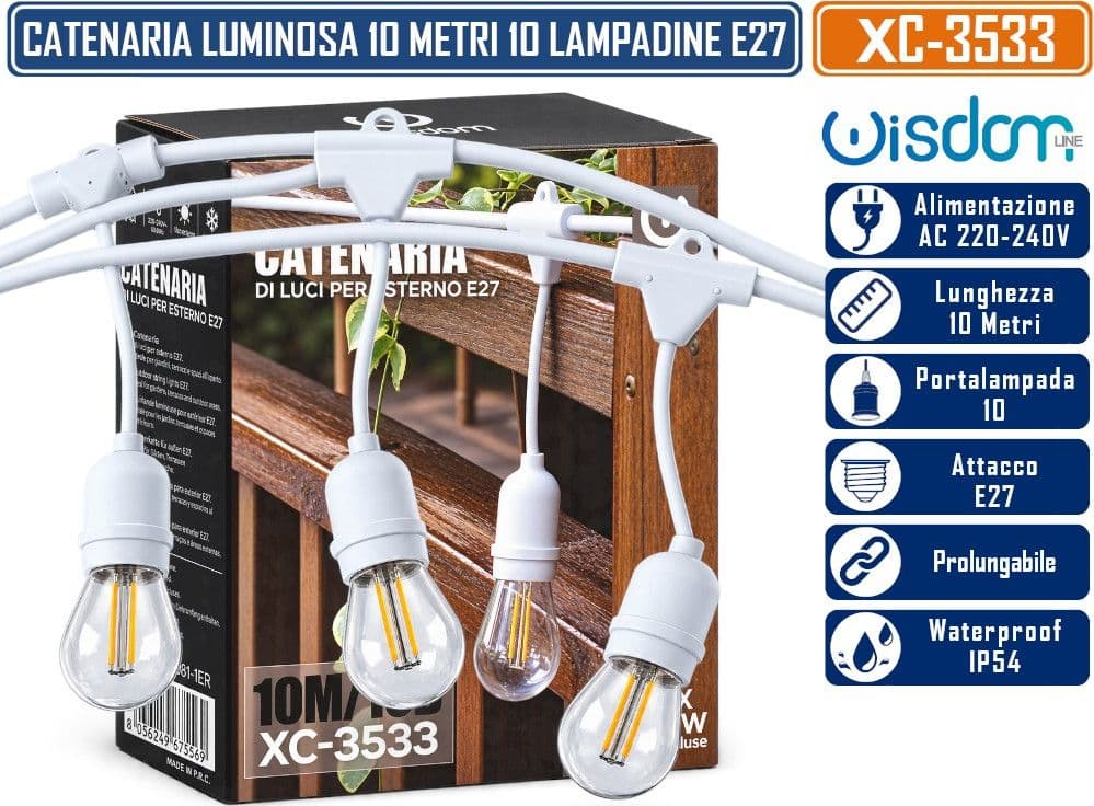 WISDOM XC-3533 CATENARIA LUMINOSA 10MT CON 10 PORTALAMPADE E27 PENDENTI CAVO BIANCO PROLUNGABILE FINO A 50MT DA ESTERNO IP54
