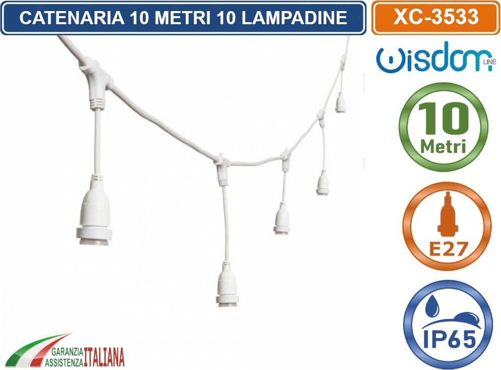 CATENA CATENARIA LUMINOSA 10 METRI BIANCA PER 10 LAMPADINE LED E27 DA ESTERNO IP65 PENDENTE - 2