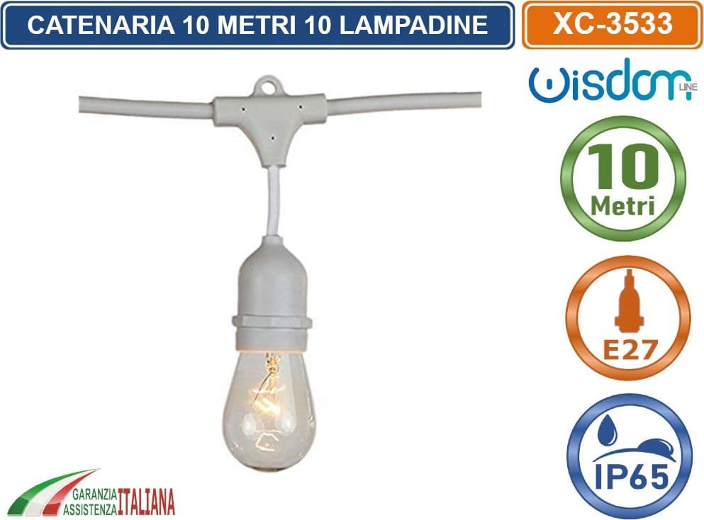 CATENA CATENARIA LUMINOSA 10 METRI BIANCA PER 10 LAMPADINE LED E27 DA ESTERNO IP65 PENDENTE - 3