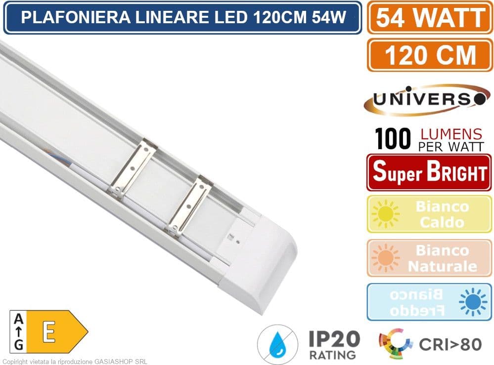 PLAFONIERA LINEARE LED UNIVERSO ALTA LUMINOSITA' 5400 LUMEN 120CM 54W IP20 3000K - 4000K - 6500K - 2