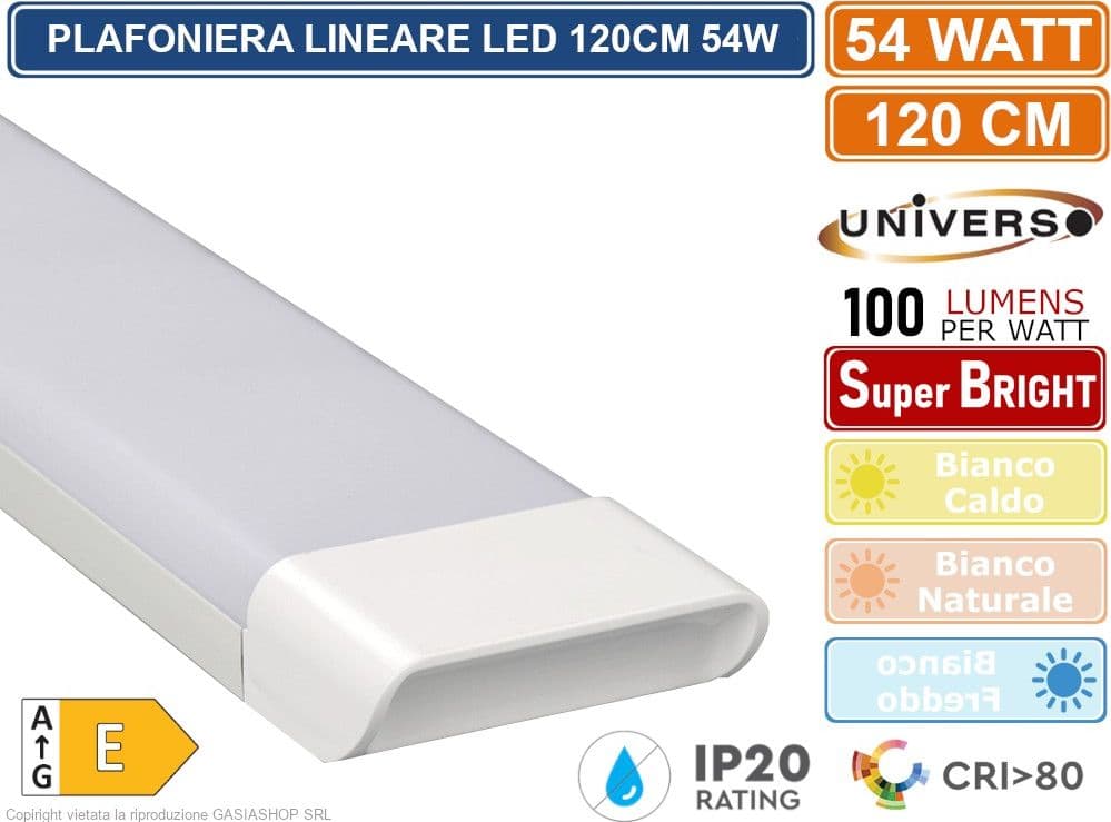 PLAFONIERA LINEARE LED UNIVERSO ALTA LUMINOSITA' 5400 LUMEN 120CM 54W IP20 3000K - 4000K - 6500K - 3
