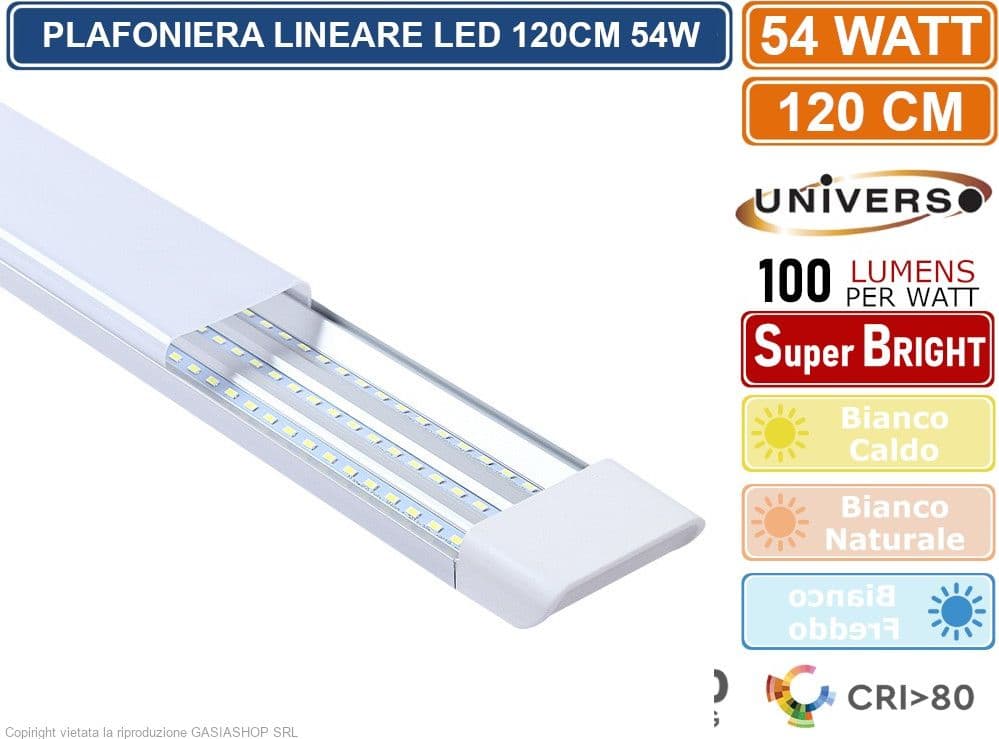 PLAFONIERA LINEARE LED UNIVERSO ALTA LUMINOSITA' 5400 LUMEN 120CM 54W IP20 3000K - 4000K - 6500K - 4