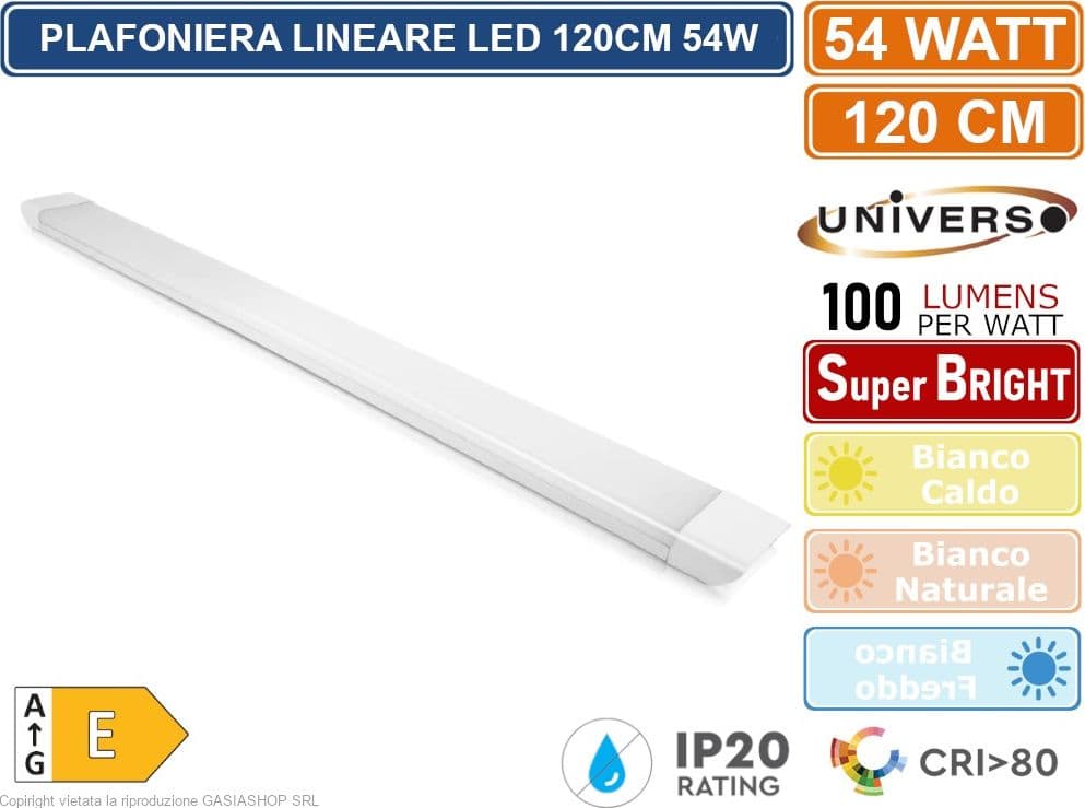 PLAFONIERA LINEARE LED UNIVERSO ALTA LUMINOSITA' 5400 LUMEN 120CM 54W IP20 3000K - 4000K - 6500K - 5