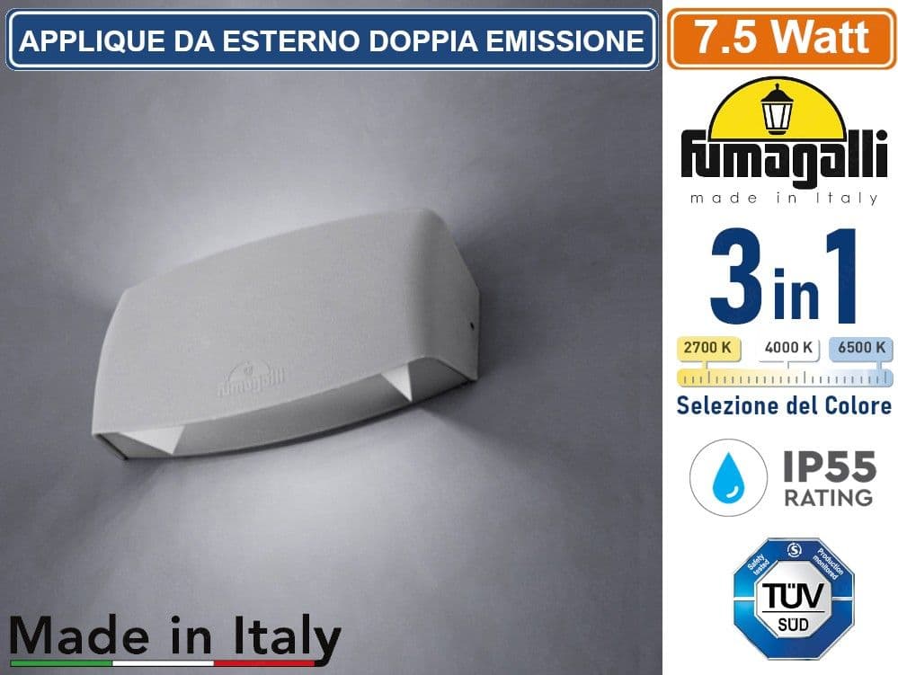 FUMAGALLI ABRAM 190 APPLIQUE DA ESTERNO DOPPIA EMISSIONE LUMNINOSA COLORE GRIGIO 7.5W IP65 CAMBIA COLORE LUCE 3IN1 - 2