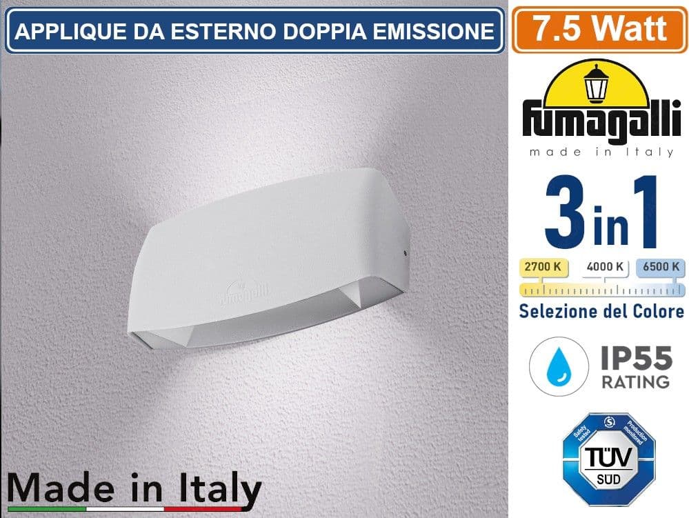 FUMAGALLI ABRAM 190 APPLIQUE DA ESTERNO DOPPIA EMISSIONE LUMNINOSA COLORE BIANCO 7.5W IP65 CAMBIA COLORE LUCE 3IN1 - 2
