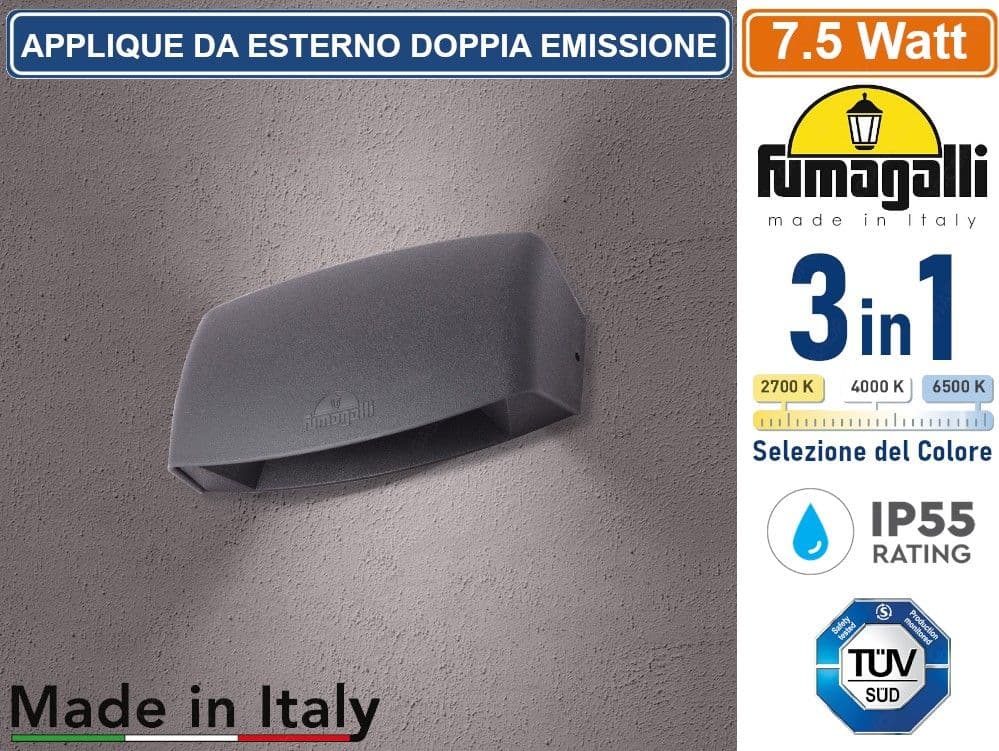 FUMAGALLI ABRAM 190 APPLIQUE DA ESTERNO DOPPIA EMISSIONE LUMNINOSA COLORE NERO 7.5W IP65 CAMBIA COLORE LUCE 3IN1 - 2