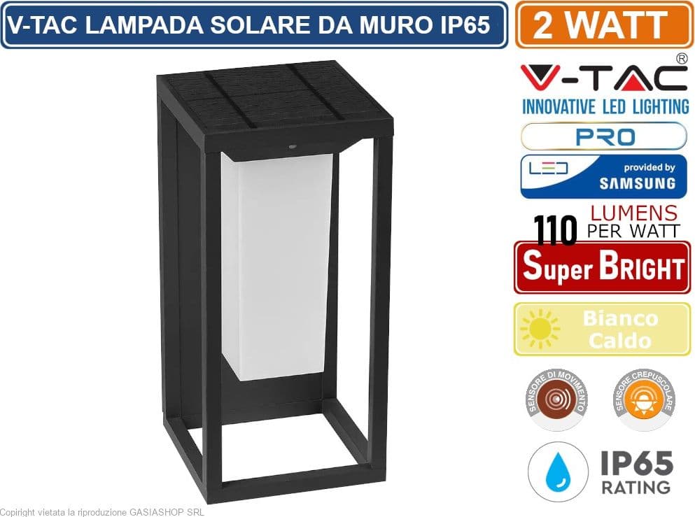 V-TAC VT-77 LAMPADA LED DA MURO 2W CON PANNELLO SOLARE E CHIP SAMSUNG - SKU 784 - 2