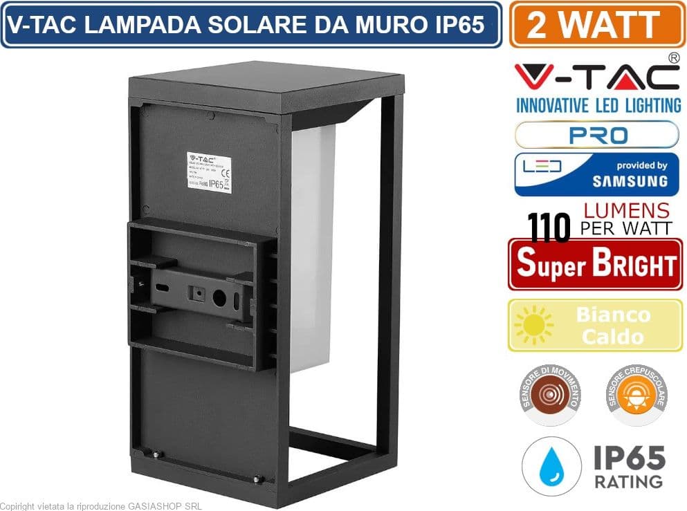 V-TAC VT-77 LAMPADA LED DA MURO 2W CON PANNELLO SOLARE E CHIP SAMSUNG - SKU 784 - 3
