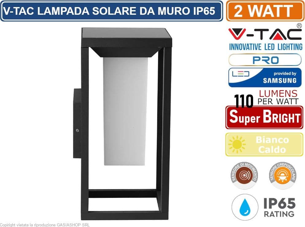 V-TAC VT-77 LAMPADA LED DA MURO 2W CON PANNELLO SOLARE E CHIP SAMSUNG - SKU 784 - 4
