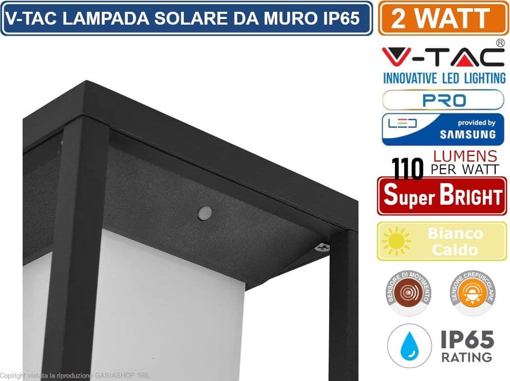 V-TAC VT-77 LAMPADA LED DA MURO 2W CON PANNELLO SOLARE E CHIP SAMSUNG - SKU 784 - 5