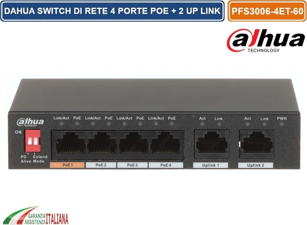 DAHUA PFS3006-4ET-60 SWITCH DI RETE DAHUA 3 PORTE POE + 1 PORTA HI-POE + 2 PORTE 10/100MBPS 60W - 2