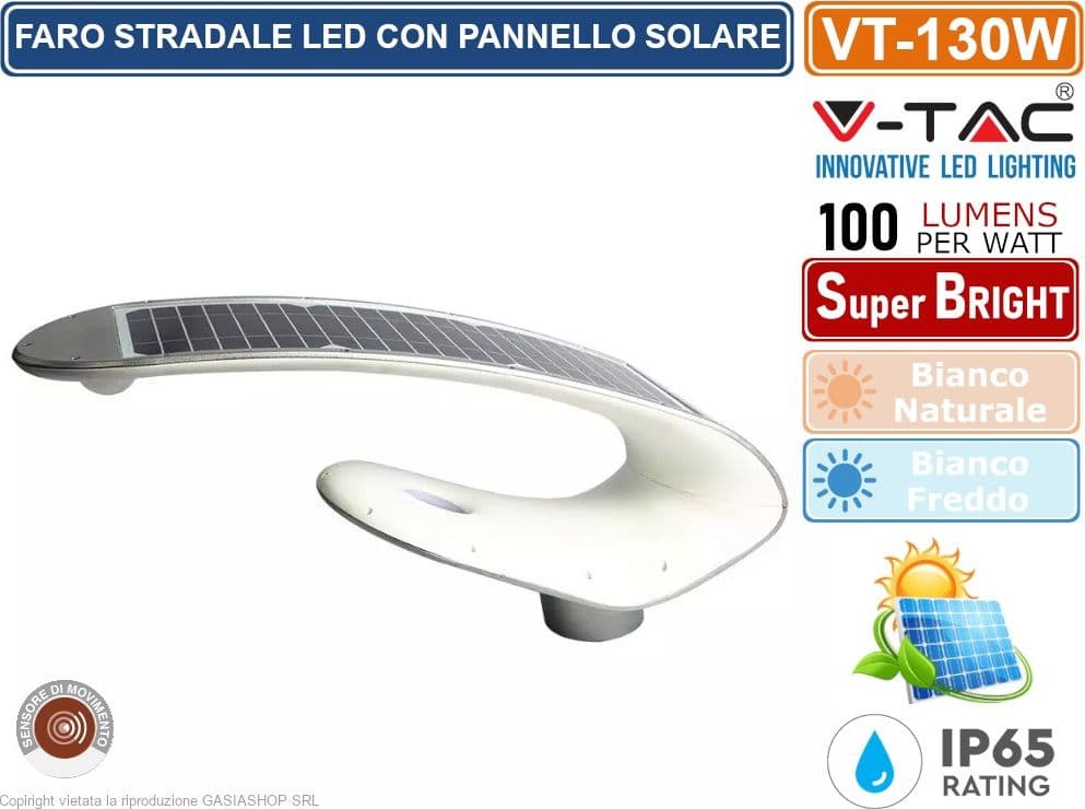 V-TAC VT-130W FARO STRADALE LED CON PANNELLO SOLARE 20W LAMPIONE SMD - SKU 5505 / 5506 - 2