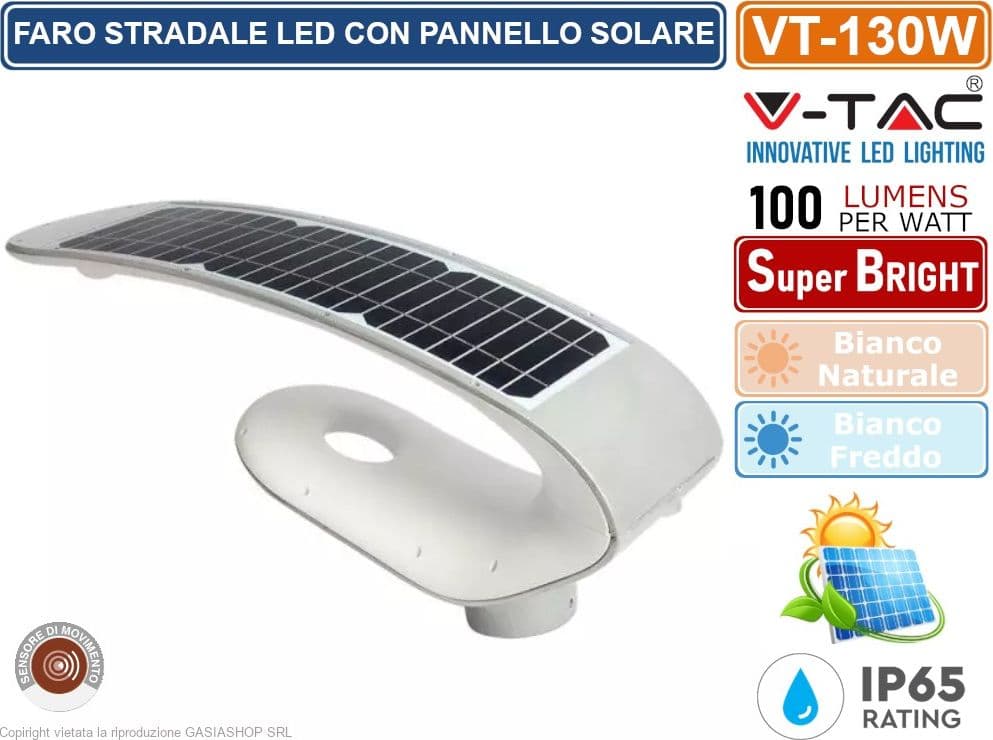 V-TAC VT-130W FARO STRADALE LED CON PANNELLO SOLARE 20W LAMPIONE SMD - SKU 5505 / 5506 - 3