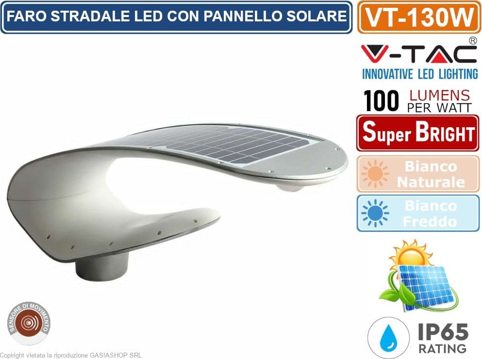 V-TAC VT-130W FARO STRADALE LED CON PANNELLO SOLARE 20W LAMPIONE SMD - SKU 5505 / 5506 - 4