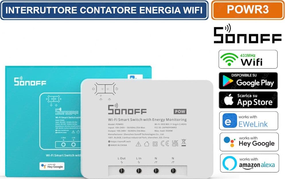 SONOFF POWR3 INTERRUTTORE CONTATORE ENERGIA WIFI 433MHZ GESTIBILE DA SMARTPHONE