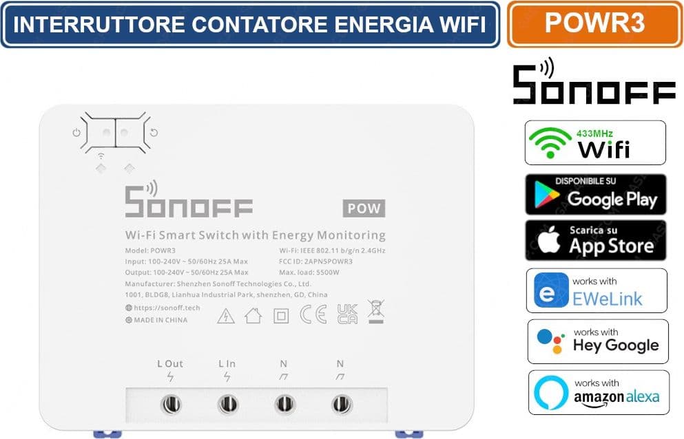 SONOFF POWR3 INTERRUTTORE CONTATORE ENERGIA WIFI 433MHZ GESTIBILE DA SMARTPHONE - 2