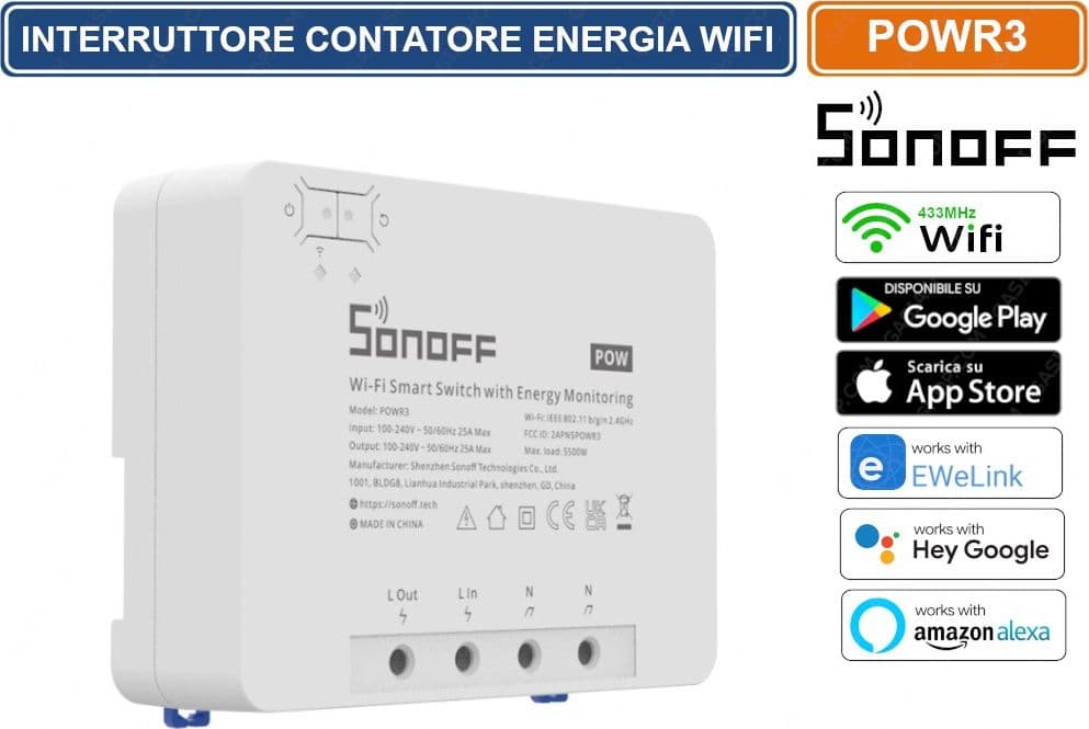 SONOFF POWR3 INTERRUTTORE CONTATORE ENERGIA WIFI 433MHZ GESTIBILE DA SMARTPHONE - 3