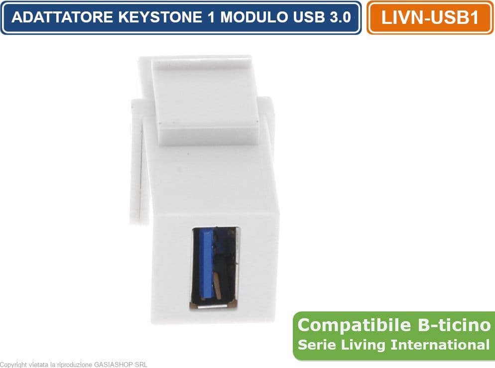 MODULO DI COLORE NERO CON CONNETTORE KEYSTONE USB FEMMINA / FEMMINA COMPATIBILE CON SERIE BTICINO LIVING - 3