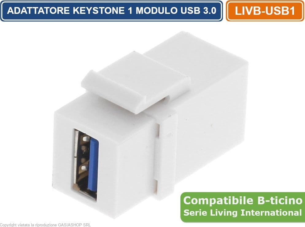 MODULO DI COLORE BIANCO CON CONNETTORE KEYSTONE USB FEMMINA / FEMMINA COMPATIBILE CON SERIE BTICINO LIVING - 4