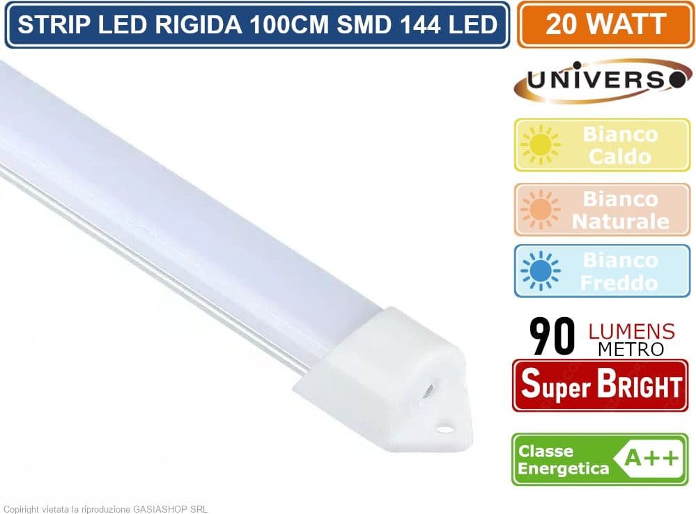 UNIVERSO STRISCIA LED RIGIDA 20W SMD 3014 MONOCOLORE 144 LED CON PROFILO IN ALLUMINIO BARRA DA 100 CM - 2