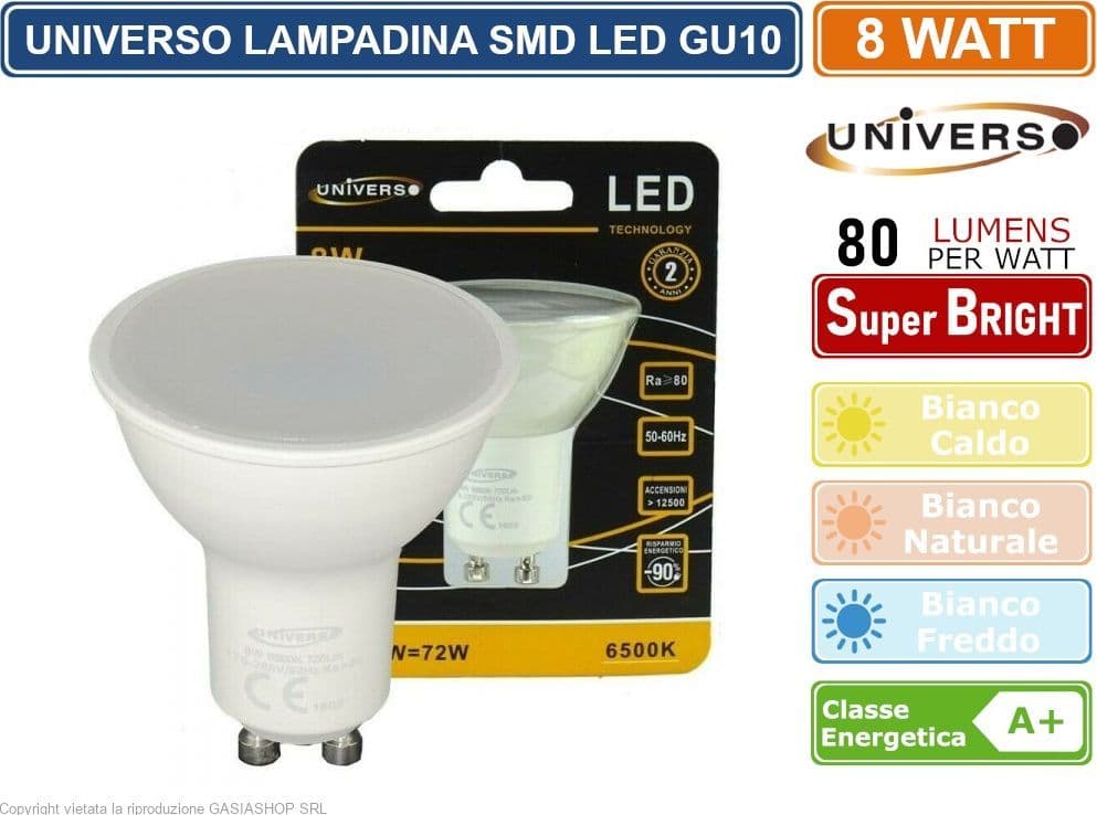 UNIVERSO LAMPADINA LED GU10 8W FARETTO SPOTLIGHT CHIP SMD 110° 620 LUMEN - 4