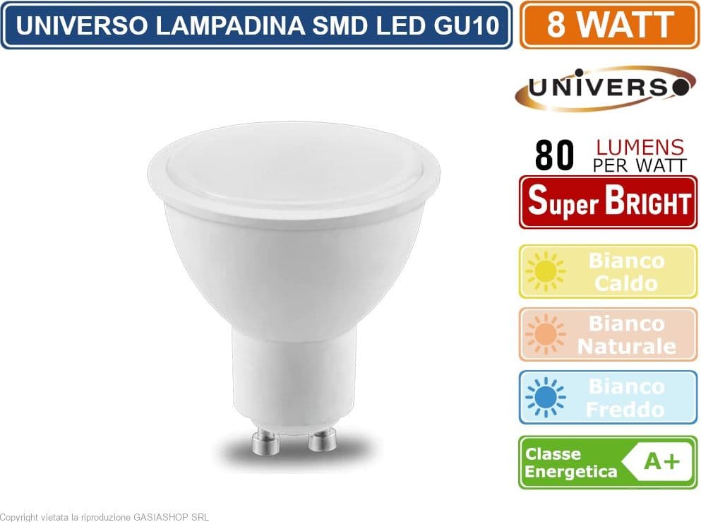 UNIVERSO LAMPADINA LED GU10 8W FARETTO SPOTLIGHT CHIP SMD 110° 620 LUMEN - 2