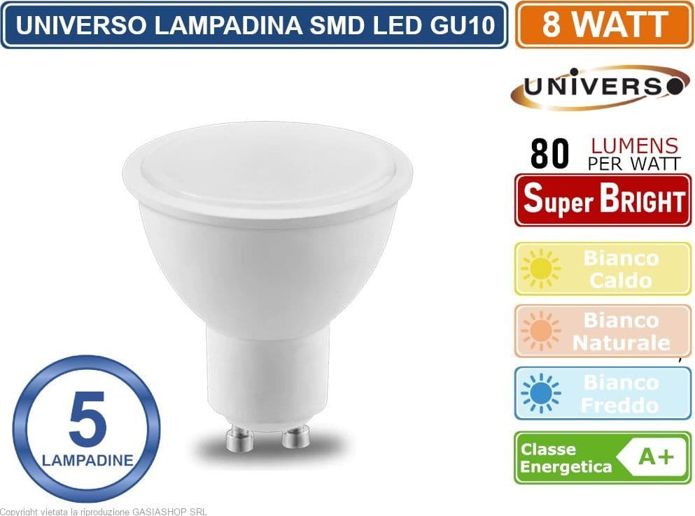CONFEZIONE 5 PEZZI LAMPADINA LED GU10 8W FARETTO SPOTLIGHT CHIP SMD 110° 620 LUMEN - 4