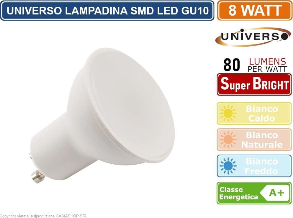 CONFEZIONE 5 PEZZI LAMPADINA LED GU10 8W FARETTO SPOTLIGHT CHIP SMD 110° 620 LUMEN - 3