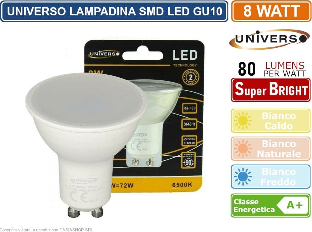 CONFEZIONE 10 PEZZI LAMPADINA LED GU10 8W FARETTO SPOTLIGHT CHIP SMD 110° 620 LUMEN - 2