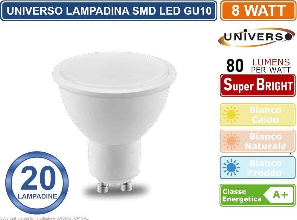 CONFEZIONE 20 PEZZI LAMPADINA LED GU10 8W FARETTO SPOTLIGHT CHIP SMD 110° 620 LUMEN - 4