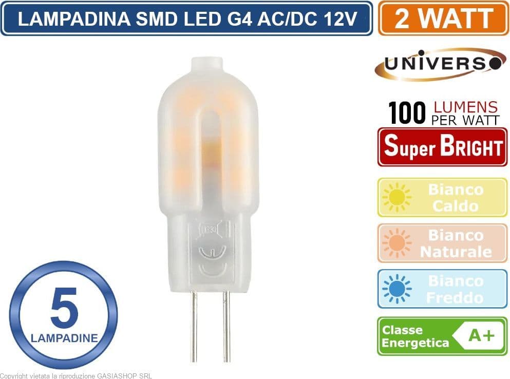 CONFEZIONE 5 PEZZI UNIVERSO LAMPADINA LED G4 2W BULB CHIP SMD 300° 200 LUMEN AC/DC 12V - 3