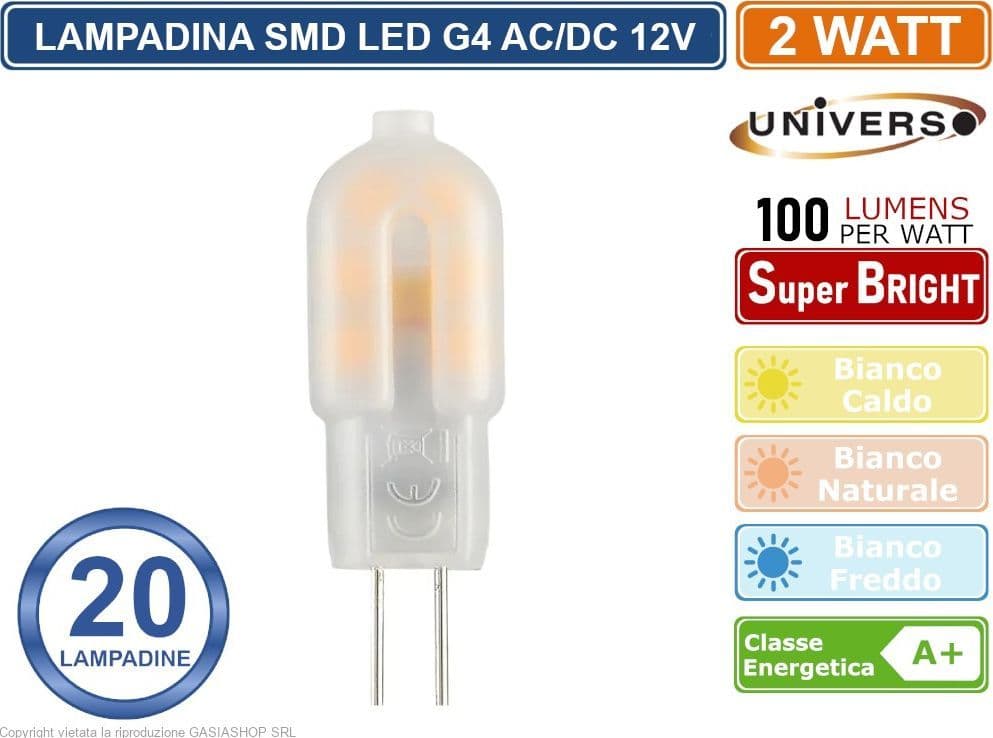 CONFEZIONE 20 PEZZI UNIVERSO LAMPADINA LED G4 2W BULB CHIP SMD 300° 200 LUMEN AC/DC 12V - 3