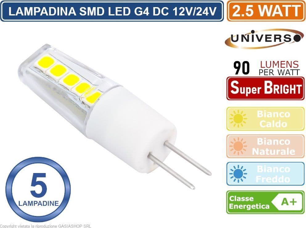 CONFEZIONE 5 PEZZI UNIVERSO LAMPADINA LED G4 2.5W BULB CHIP SMD 300° 220 LUMEN AC/DC 12V - 4
