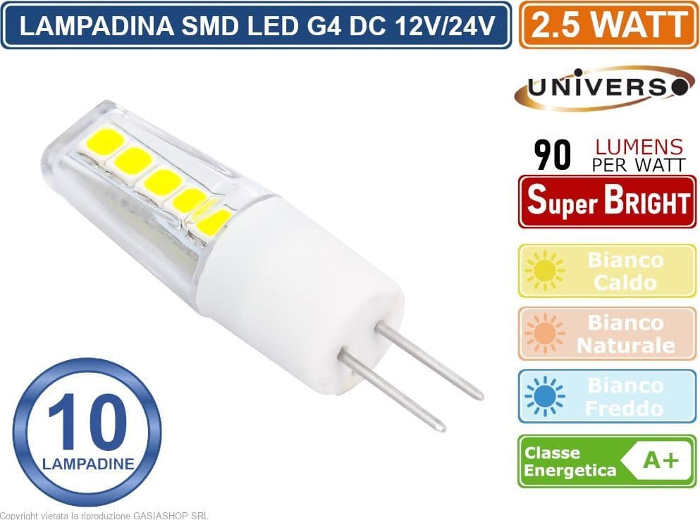 CONFEZIONE 10 PEZZI UNIVERSO LAMPADINA LED G4 2.5W BULB CHIP SMD 300° 220 LUMEN AC/DC 12V - 4