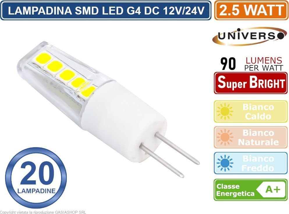 CONFEZIONE 20 PEZZI UNIVERSO LAMPADINA LED G4 2.5W BULB CHIP SMD 300° 220 LUMEN AC/DC 12V - 4