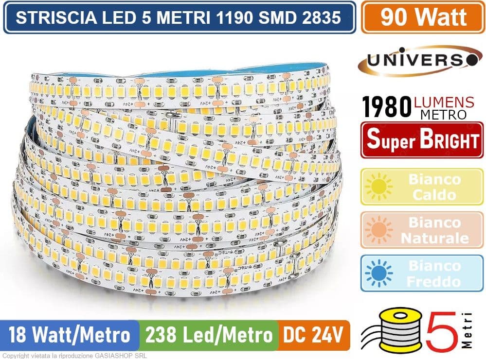 STRIP STRISCIA LED MONOCOLORE 5 METRI DC 24V SMD 2835 238 LED METRO IP20 90W 9900 LUMEN - 2