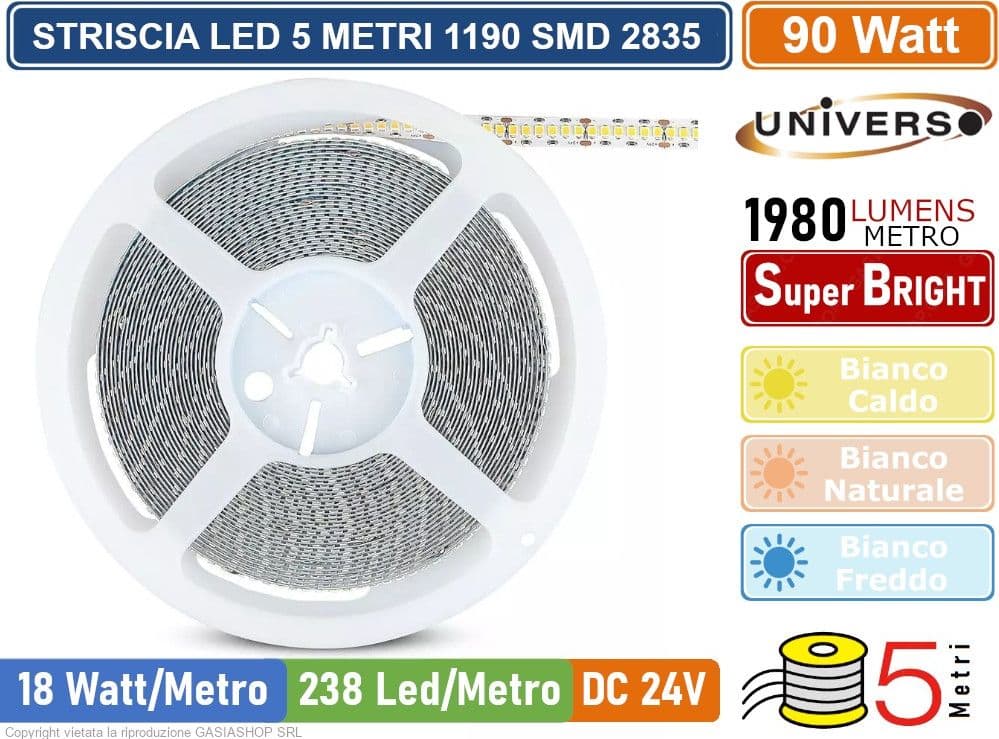 STRIP STRISCIA LED MONOCOLORE 5 METRI DC 24V SMD 2835 238 LED METRO IP20 90W 9900 LUMEN - 3