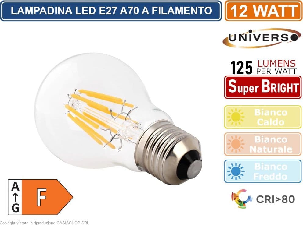 UNIVERSO LAMPADINA LED E27 12W BULB A70 FILAMENTO 360° 1500 LUMEN 3000K 4000K 6500K - 2
