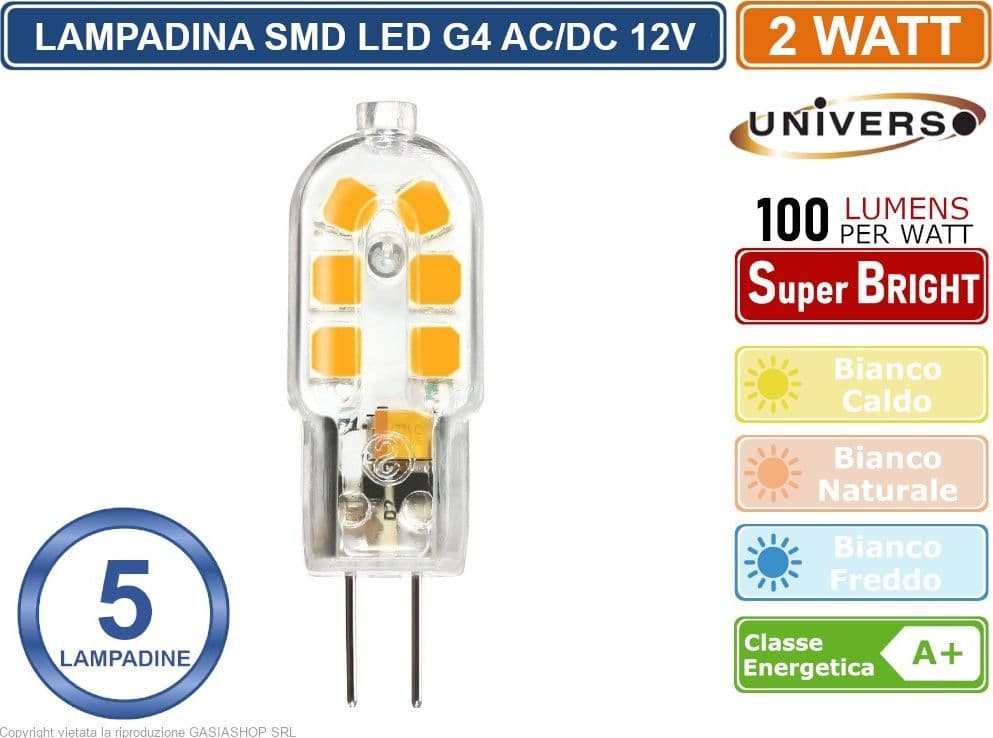 CONFEZIONE 5 PEZZI UNIVERSO G4-05 LAMPADINA LED G4 2W BULB CHIP SMD 300° 200 LUMEN AC/DC 12V - 4