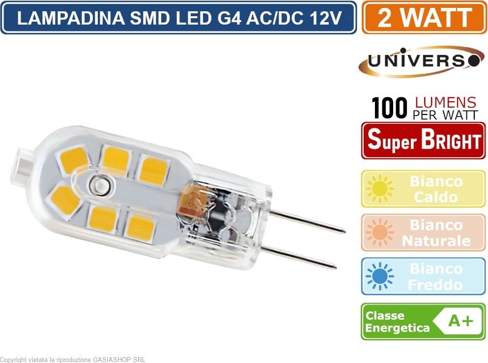 CONFEZIONE 5 PEZZI UNIVERSO G4-05 LAMPADINA LED G4 2W BULB CHIP SMD 300° 200 LUMEN AC/DC 12V - 2